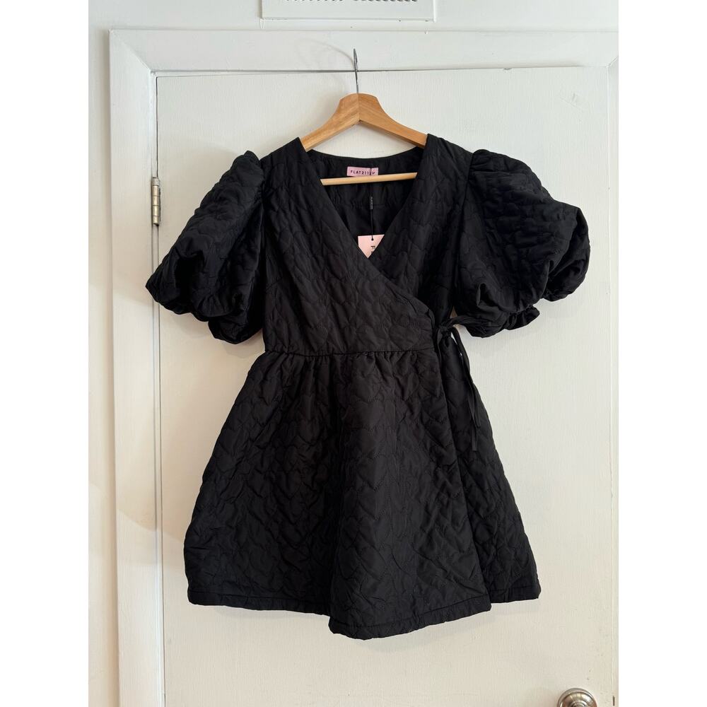 Flat 2112 Dress Babydoll wrap mini dress giant puff sleeve quilted hearts S NWT